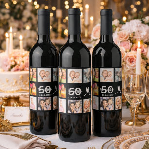 50th birthday party photo collage black wine label