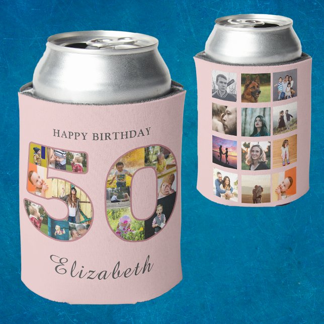 50th Birthday Party Photo Collage Dusty Blush Pink Can Cooler (50th birthday blush pink can cooler with photo collage.)
