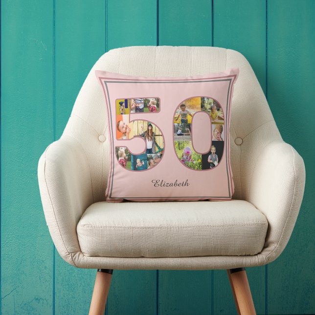 50th Birthday Party Photo Collage Dusty Blush Pink Cushion (50th birthday dusty blush pink throw pillow with custom photo collage template.)
