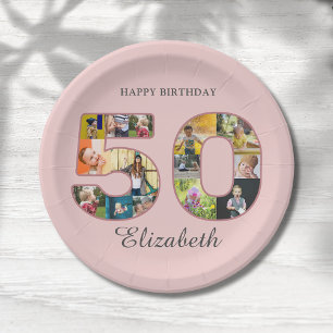50th Birthday Party Photo Collage Dusty Blush Pink Paper Plate