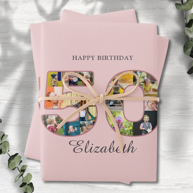 50th Birthday Party Photo Collage Dusty Blush Pink Wrapping Paper Sheet (Blush dusty pink 50th birthday wrapping paper with photo collage.)