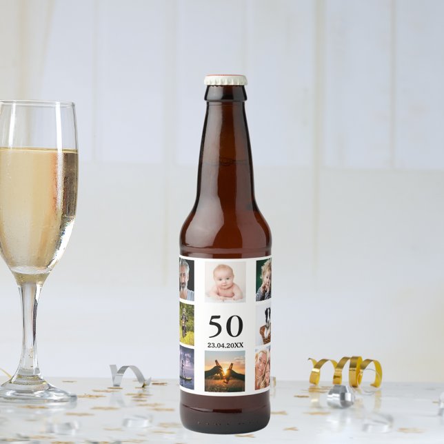 50th birthday party photo collage guy beer bottle label (Creator Uploaded)