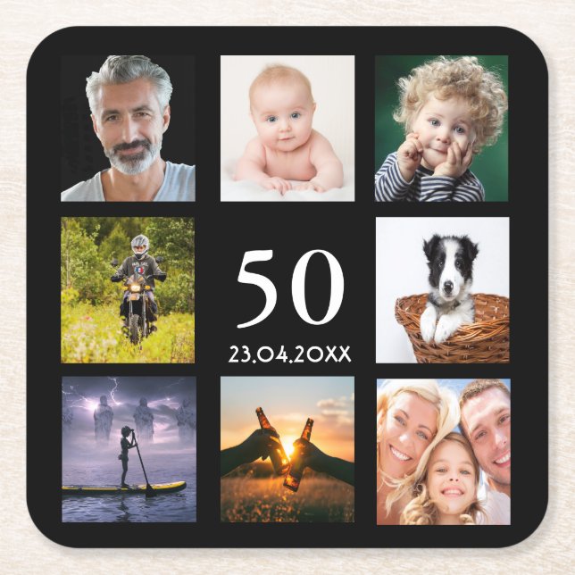 50th birthday party photo collage guy black square paper coaster (Front)