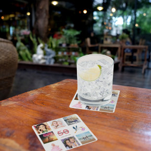 50th birthday party photo collage square paper coaster