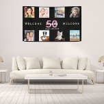 50th birthday party photo collage woman black banner<br><div class="desc">Welcome to a 50th birthday party for a woman,  celebrating her life with a collage of 8 of your own photos.  Photo of family,  friends,  pets,  vacations. Templates for a name,  age 50 and a date. With the text: Welcome (x2)  White and pink coloured letters.  Elegant black background.</div>