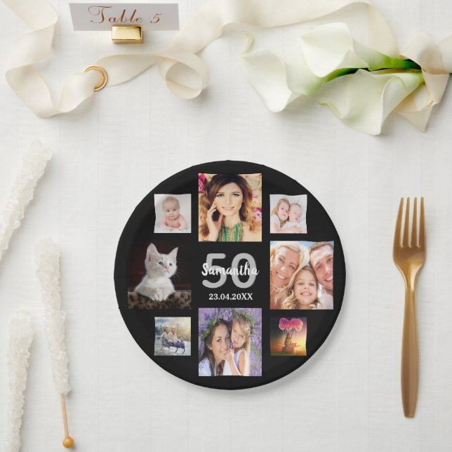 50th birthday party photo collage woman black paper plate (Wedding)