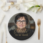 50th Birthday Party Photo Gold Script Cheers  Paper Plate<br><div class="desc">Make your 50th birthday celebration extra special with these stylish photo gold script "Cheers" paper plates. Featuring a personal touch with your favourite photo and a sleek gold script design, these plates are the perfect addition to your party decor. Celebrate this milestone with elegance and fun while serving your favourite...</div>
