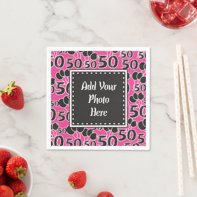 50th Birthday Party Photo Pink Black Balloons Napkin (Insitu)