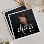 50th Birthday Party Photo White Script Cheers Napkin<br><div class="desc">This custom 50th birthday napkin features the guest of honour's personalised photo,  name,  and birthday,  along with the word "Cheers" in elegant white calligraphy script. A dark screen helps make the text pop. A great way to celebrate someone who's turning fifty!</div>