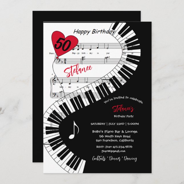50th Birthday Party, Piano Keys Music, Invitation (Front/Back)