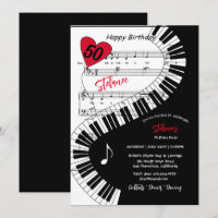 50th Birthday Party, Piano Keys Music, Invitation