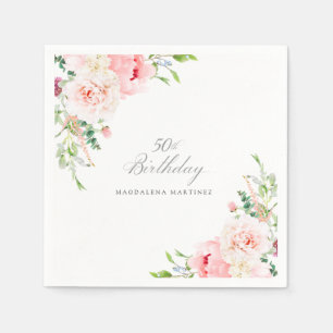 50th Birthday Party Pink Floral Custom Cocktail Napkin