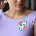 50th birthday party pink flowers teal stripes 3 cm round badge<br><div class="desc">An elegant button for a girly 50th birthday party. Classic slim teal, green and white vertical stripes as background. With girly and feminine pink flowers, roses and peonies as decoration. A frame with templates for a name, age 50 and a date. The name is written with black hand lettered style...</div>