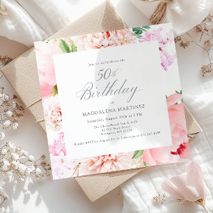 50th Birthday Party Pink Peony Floral Square Invitation