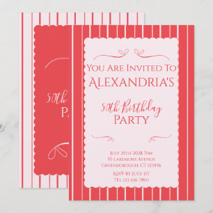 50th Birthday Party Pink Red Stripes Invitation