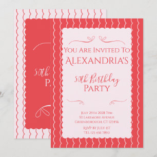 50th Birthday Party Pink Red Wavy Lines Invitation
