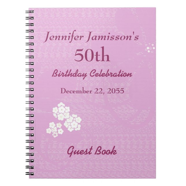 50th Birthday Party Pink, White Floral Minimalist Spiral Notebook (Front)