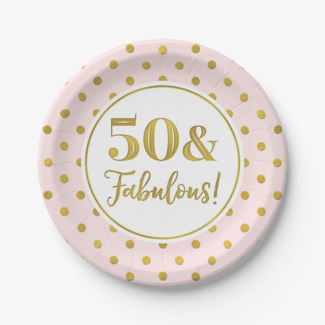 50th Birthday Party Pink White Gold Dots Paper Pla Plate (Front)