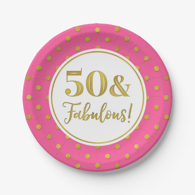 50th Birthday Party Pink White Gold Dots Paper Plate (Front)