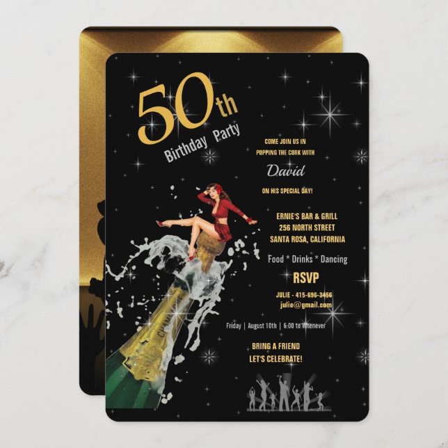 50th Birthday Party Popping the Champagne Cork Inv Invitation (Front/Back)