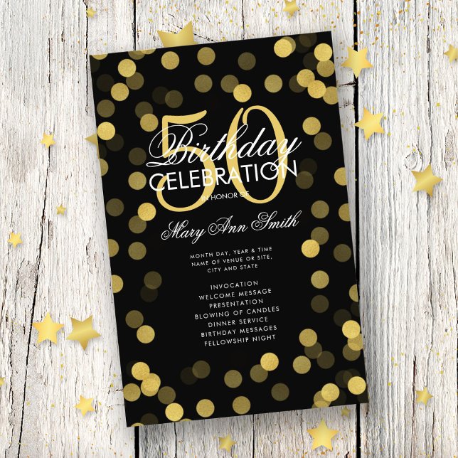 50th Birthday Party Program Gold Confetti w/ Menu (Creator Uploaded)