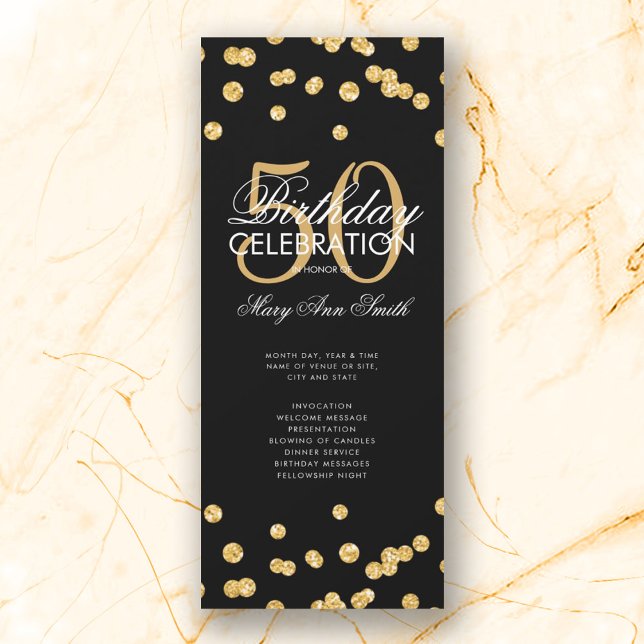 50th Birthday Party Program Gold Glitter w/ Menu Invitation (Creator Uploaded)