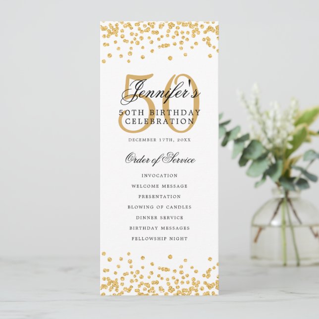 50th Birthday Party Program Menu Thank U Gold  Invitation (Standing Front)