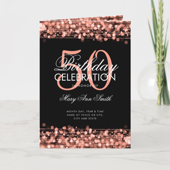 50th Birthday Party Program Rose Gold w/ Menu (Front)