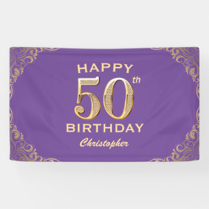 50th Birthday Party Purple and Gold Glitter Frame Banner