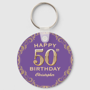 50th Birthday Party Purple and Gold Glitter Frame Key Ring