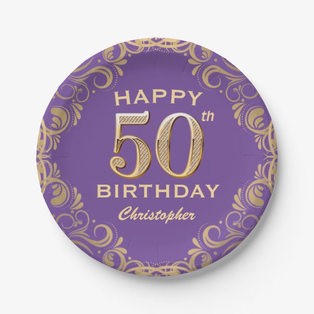 50th Birthday Party Purple and Gold Glitter Frame Paper Plate (Front)