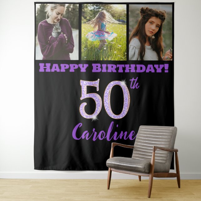 50th Birthday Party, Purple Glitter & 3 photos Tapestry (In Situ)