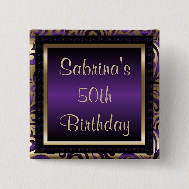 50th Birthday Party | Purple Metallic & Gold 15 Cm Square Badge (Front)