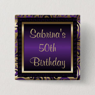 50th Birthday Party Purple Metallic & Gold 15 Cm Square Badge