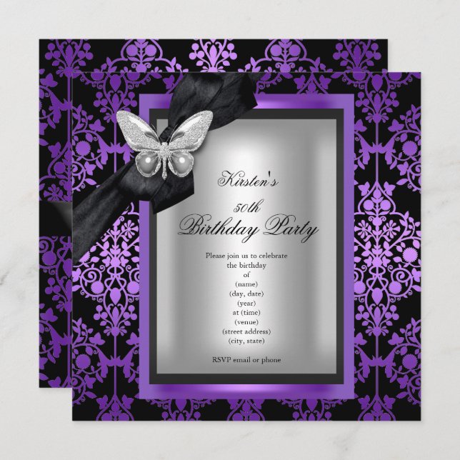 50th Birthday Party Purple Silver Damask Butterfly Invitation (Front/Back)