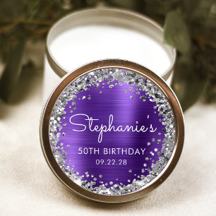 50th Birthday Party Purple Silver Glitter Classic Round Sticker