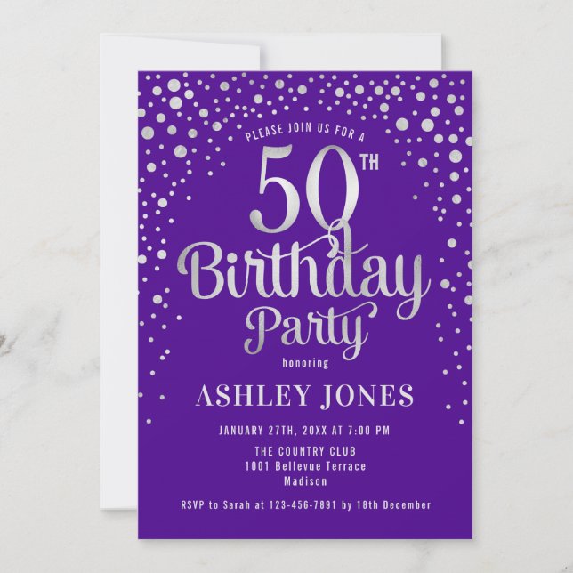 50th Birthday Party - Purple & Silver Invitation (Front)