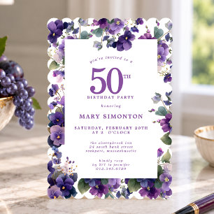 50th Birthday Party Purple Violet Flower Invitation