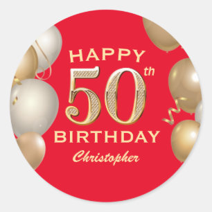 50th Birthday Party Red and Gold Balloons Classic Round Sticker