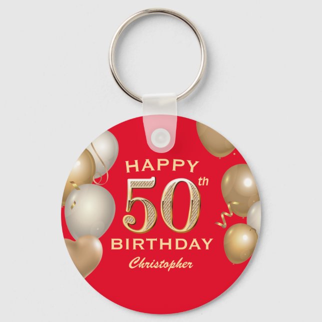 50th Birthday Party Red and Gold Balloons Key Ring (Front)