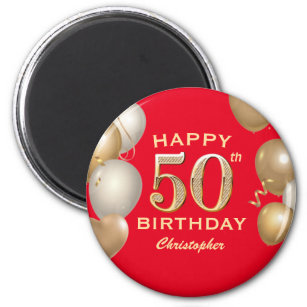 50th Birthday Party Red and Gold Balloons Magnet