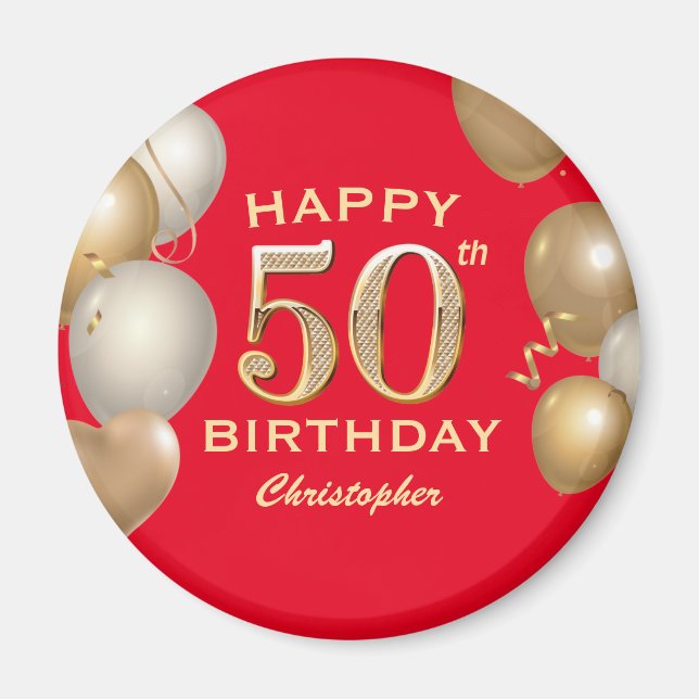 50th Birthday Party Red and Gold Balloons Magnet (Front)