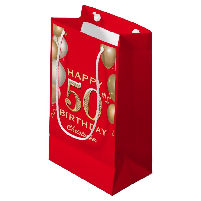 50th Birthday Party Red and Gold Balloons Small Gift Bag (Front Angled)