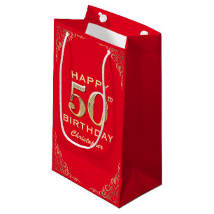 50th Birthday Party Red and Gold Glitter Frame Small Gift Bag