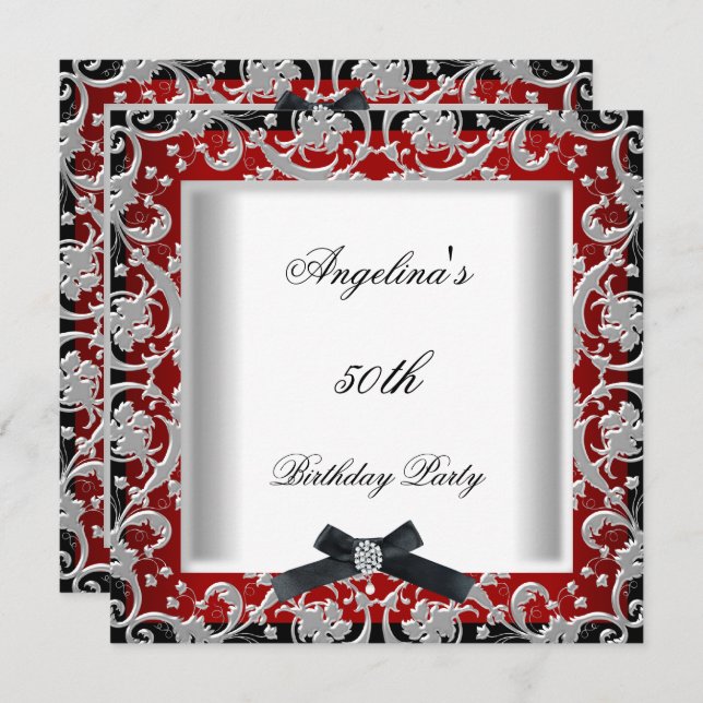 50th Birthday Party Red Black White Jewel Bow Invitation (Front/Back)