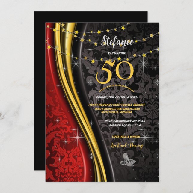50th Birthday Party Red, Gold & Black Swirls  Invitation (Front/Back)