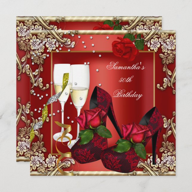 50th Birthday Party Red Rose Gold Floral Invitation (Front/Back)