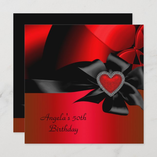 50th Birthday Party Red Silver Abstract Black Invitation (Front/Back)