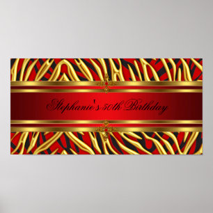 50th Birthday Party Red Zebra Gold Black 2 Poster