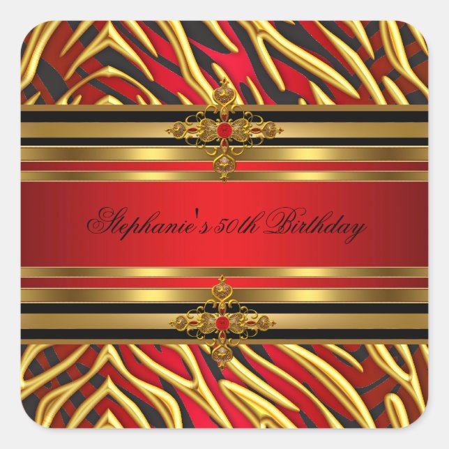 50th Birthday Party Red Zebra Gold Black Square Sticker (Front)